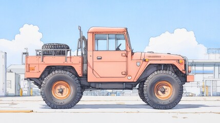 Pink off-road vehicle parked in an industrial area with clear skies and distant buildings