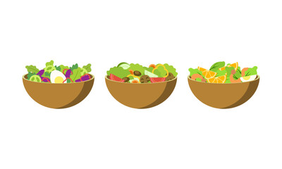 Flat vector set of vegetables and fruit salads. Consuming dishes from fresh products