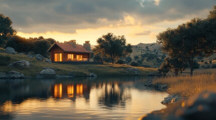 Obraz premium Lakeside cabin sunset, tranquil hills, peaceful evening, real estate