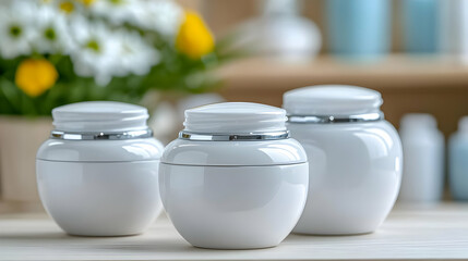 White cosmetic jars on table, flowers blurred background, spa setting, product shot