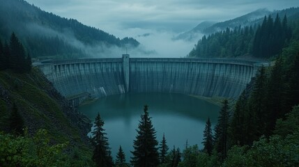 Mountain lake dam, misty valley, hydroelectric power
