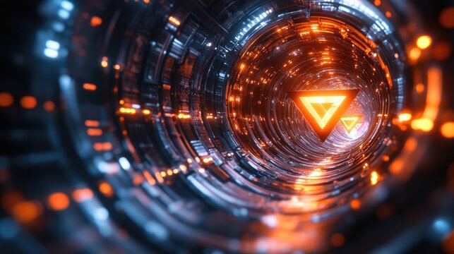 Futuristic tunnel with glowing triangular shapes and vibrant lights creating a dynamic atmosphere