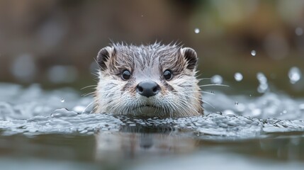 Fototapeta premium Cute otter swimming in water, close-up view, natural environment. Possible use Nature photography