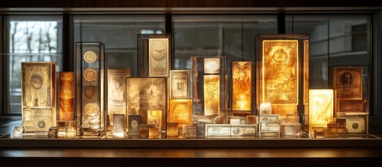 Illuminated antique collection display, museum showcase, city backdrop