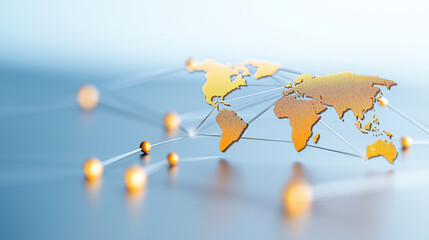 conceptual image of golden world map with connected nodes representing global networks and communication. focus is on connectivity and international collaboration