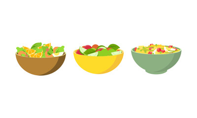 Flat vector set of vegetables and fruit salads. Consuming dishes from fresh products