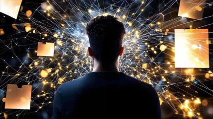 A person stands facing a dynamic display of floating papers and lights, suggesting creativity or brainstorming ideas.