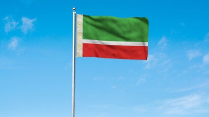 High detailed flag of Chechen Republic. National Chechen Republic flag. 3D illustration. Sky Background.