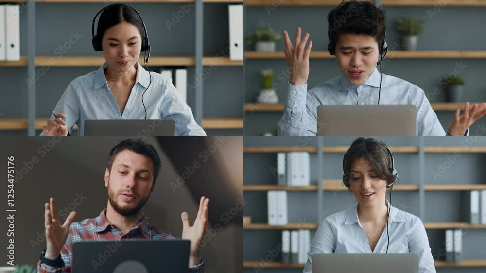 Poster four people with headsets participate in a video conference, each displaying enthusiasm and engageme