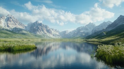 Fototapeta premium Serene mountain lake reflecting sky, alpine meadow, travel poster