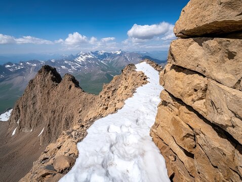 A breathtaking mountain landscape featuring rocky cliffs, snowy paths, and vibrant green valleys under a clear blue sky.
