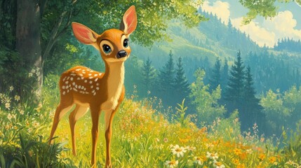 Sweet Fawn Standing in a Lush Meadow Surrounded by Nature