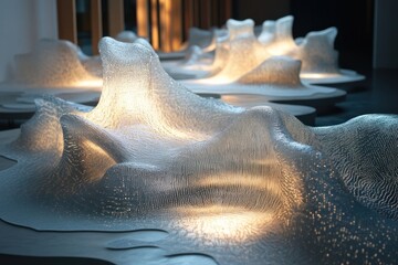 Illuminated translucent sculptures in modern gallery