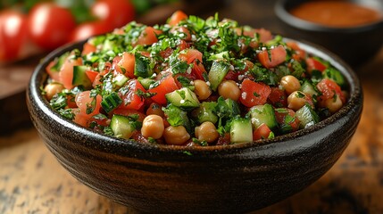 A vibrant bowl of fresh tabbouleh salad featuring finely chopped parsley, tomatoes, cucumbers, and chickpeas, served with a rich and tangy dressing on a rustic wooden table.