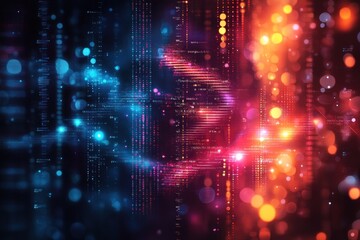 Obraz premium Abstract digital data flow, binary code, glowing bokeh, network visualization, tech background
