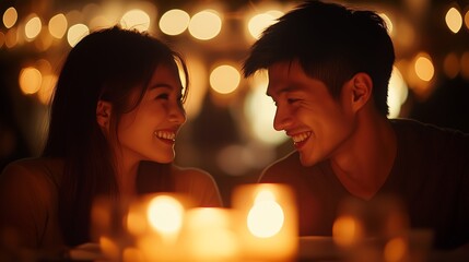 Asian couple enjoying a candlelit dinner, gazing at each other with love. The soft glow from candles enhances the romantic ambiance in a warm golden-toned setting.