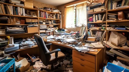 Obraz premium A disorganized room with a desk and a chair. 