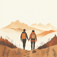 Fototapeta premium Couple Hiking in the Mountains – Minimalist Clean-Line Illustration in Warm Earth Tones