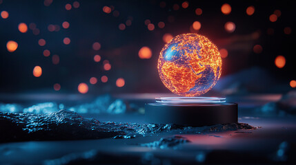 glowing digital globe hovers above platform, symbolizing interconnected AI ecosystems and global connectivity. scene is set in futuristic environment with floating lights