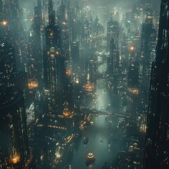 Obraz premium Futuristic city aerial night view, foggy canals, skyscrapers, sci-fi film backdrop