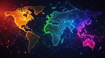 Fototapeta premium Colorful Digital World Map with Network Connections and Lights
