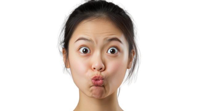 Young woman making funny face with inflated cheeks and wide eyes on transparent background