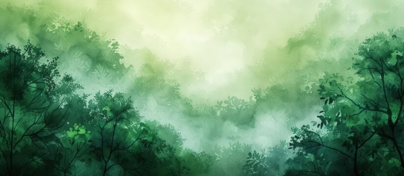 Illustration watercolor of green foggy rainforest landscape background. AI generated