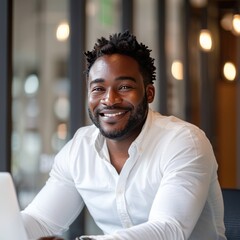 Portrait african american businessman working inside office using laptop. AI generated image