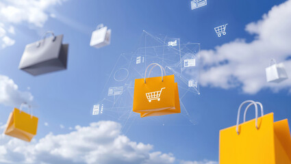 Elevate Your Online Shopping Experience: Discover The Dynamic World of Virtual Carts and Shopping Bags Hovering Amidst a Clear Blue Sky Full of Possibilities and Connectivity.