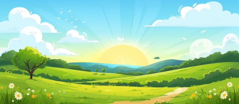 Illustration green fields, green hills, dawn landscape in bright blue sky, background. AI generated