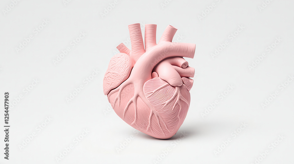 Poster close up of high quality resin heart model in soft pink color, showcasing intricate details and text