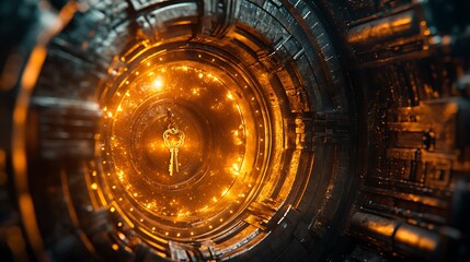 Fototapeta premium Vault door with discount symbols golden key inserted mystical glow illuminating the edges