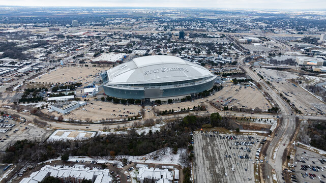 Aerial view of AT&T Stadium home of the Dallas Cowboys and Big 12 Championship within the Arlington Entertainment District