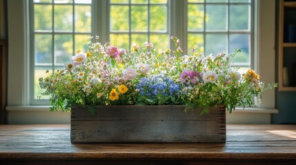 Rustic wooden box overflowing with wildflowers, sunlit window background, home decor