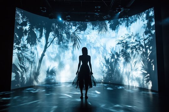 Woman dancing stage projection rainforest digital art performance
