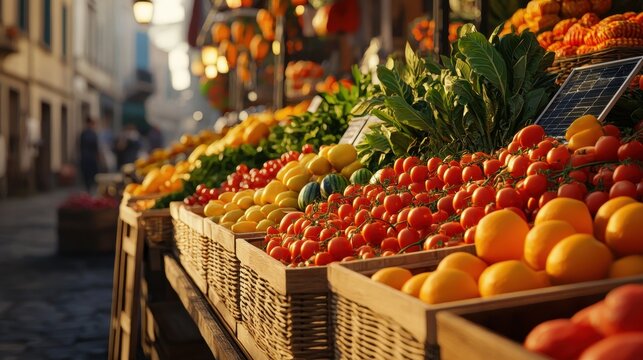 Vibrant Fruit and Vegetable Market Stalls at Sunset in Town Square