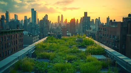 Obraz premium Rooftop garden sunset cityscape view