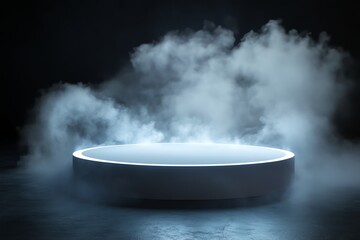 Photorealistic AI-generated image of a sleek, minimalistic product podium covered in liquid nitrogen, with dramatic back lighting on a dark background. Perfect for tech and marketing visuals