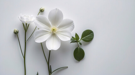 Obraz premium White Small Flowers with Stems Neatly Arranged on a Smooth White Surface for a Peaceful and Clean Aesthetic Floral Botanical Wallpaper Background