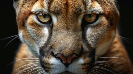 Gordijnen Portrait closeup wild puma head with feathers texture and beautiful eyes detail. AI generated image © MINHOO