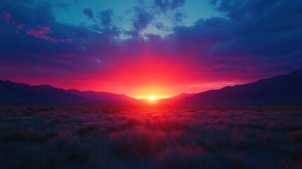 Fiery desert sunset landscape, mountains, vibrant sky, calm field, travel poster