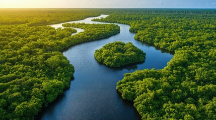 Aerial view of a winding river surrounded by lush green forests under a clear blue sky