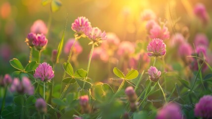 Beautiful pink clover flower in green grass field at summer nature landscape. AI generated image