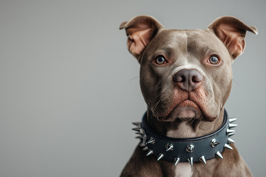 Close-up portrait of a strong and confident pit bull dog with striking blue eyes, wearing a black leather spiked collar, standing against a neutral background, showcasing its muscular build