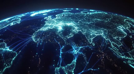 Detailed Global Network Connections Over Europe and Asia at Night