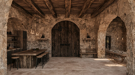 Fototapeta premium Rustic stone winery interior, tasting area, vineyard background