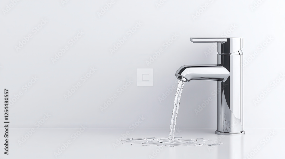 Poster realistic chrome faucet in minimalist design with flowing water, creating serene and modern atmosphe