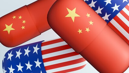 Fototapeta premium a 3D rendering of a capsule-shaped pill showcases the flag of United State of America and flag of China