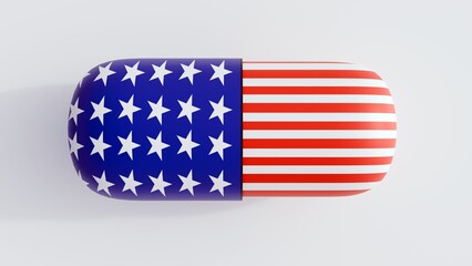 a 3D rendering of a capsule-shaped pill showcases the flag of United State of America
