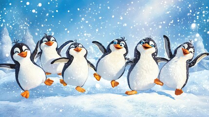 Fototapeta premium Playful Penguins Dancing in Snowy Winter Wonderland Scene